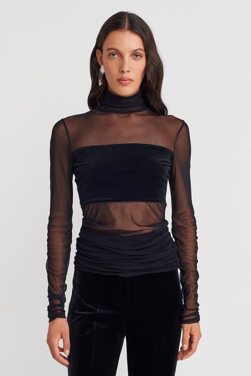 Nu Velvet Mesh Front Bodysuit Black