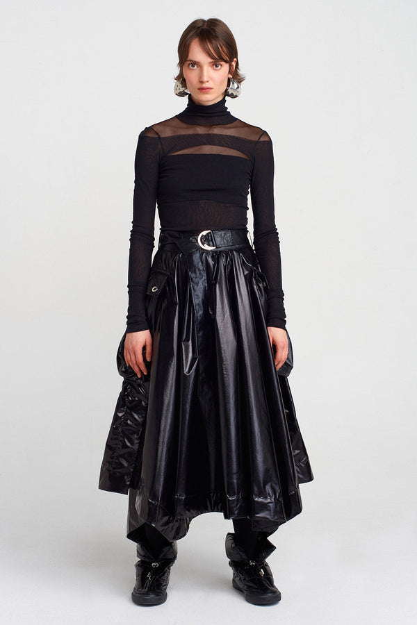 Nu Belted And Pocket Shiny Skirt Black