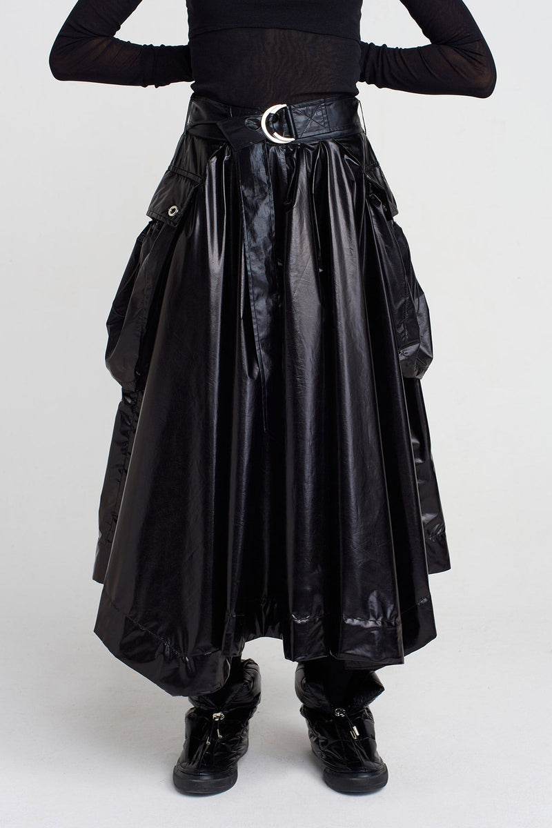 Nu Belted And Pocket Shiny Skirt Black