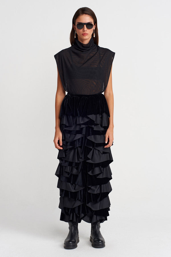Nu Ruffled Velvet Midi Skirt Black