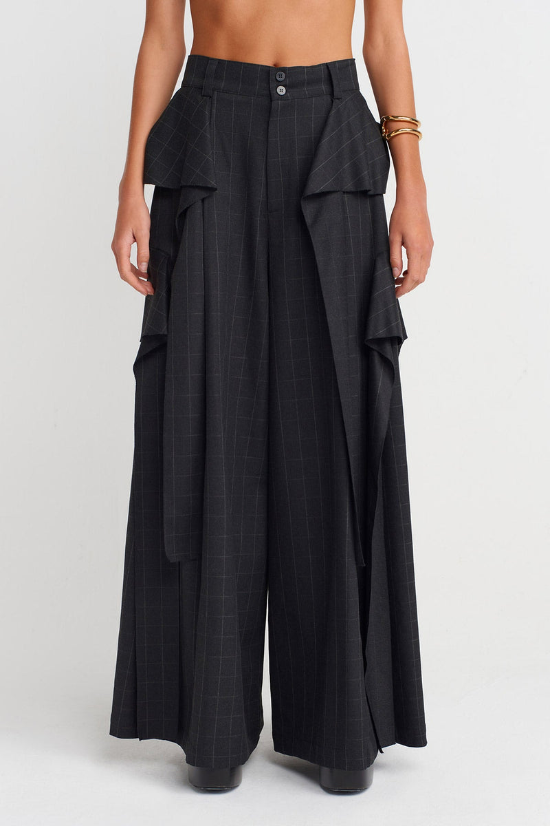 Nu Plaid Detailed Palazzo Trousers Grey-Brown