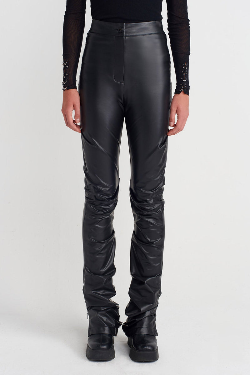 Nu Ruched Long Vegan Leather Trousers Black