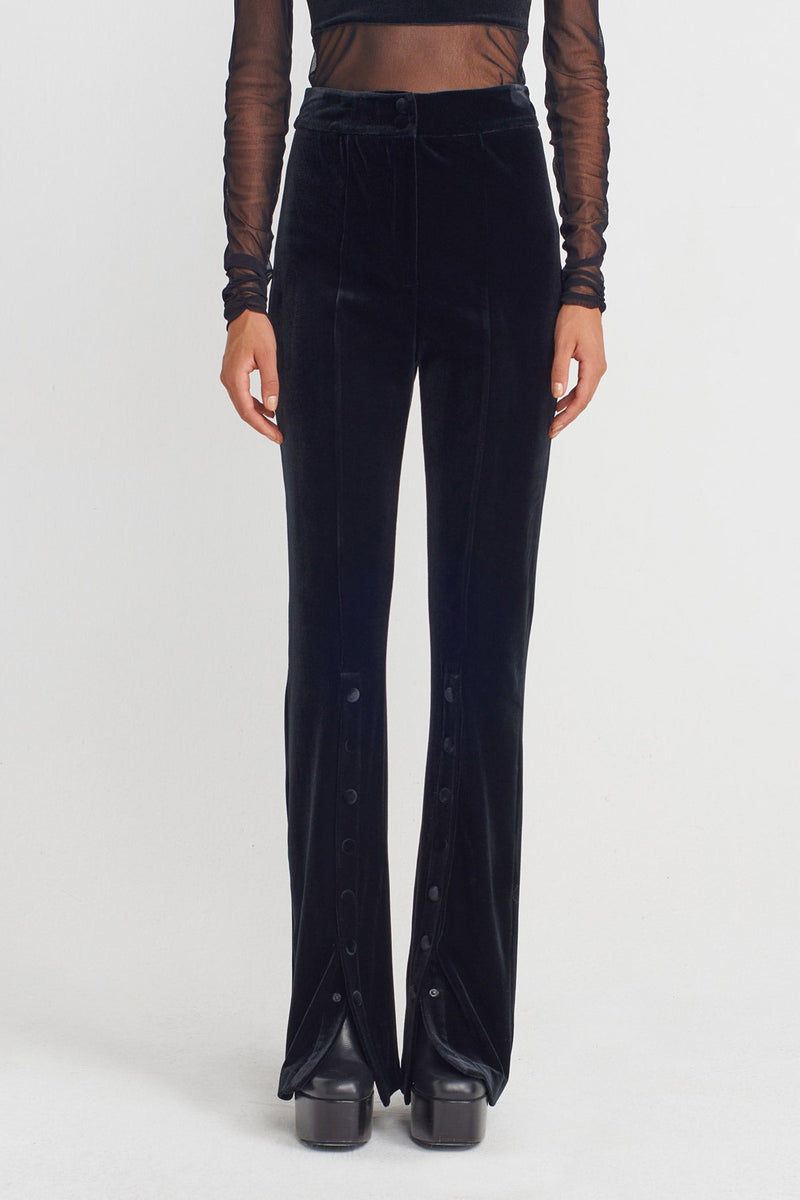 Nu Velvet Trousers With Button Detailing At Hem Black