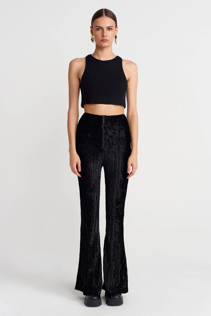 Nu Ribbed Crushed Velvet Flared Trousers Black