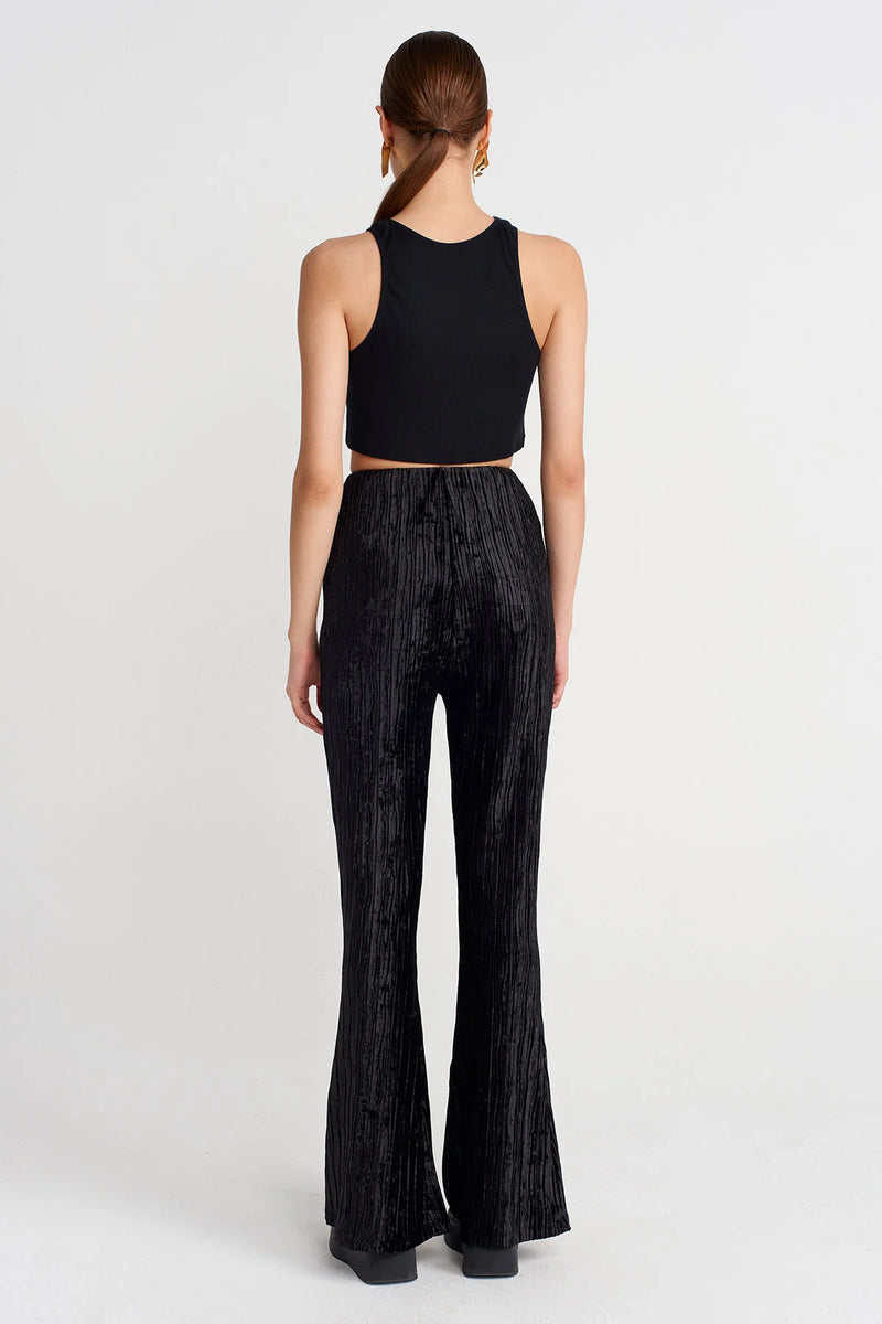 Nu Ribbed Crushed Velvet Flared Trousers Black