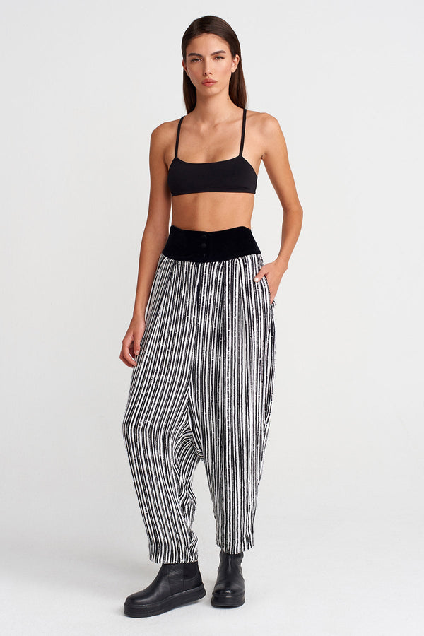 Nu Velvet-Waist Beaded Trousers Black-White