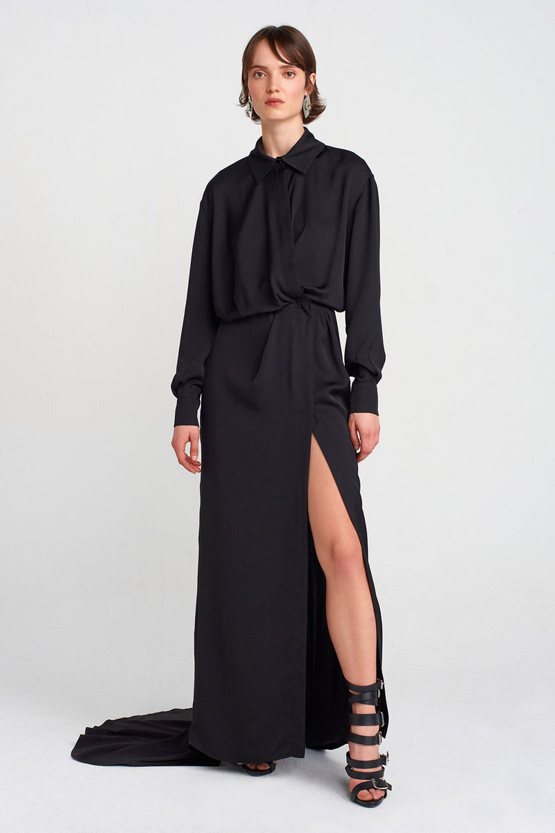 Nu Deep Slit, Tailed Dress Black