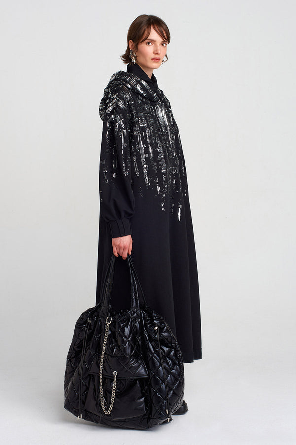 Nu Puffy Silver Printed Long Dress Black