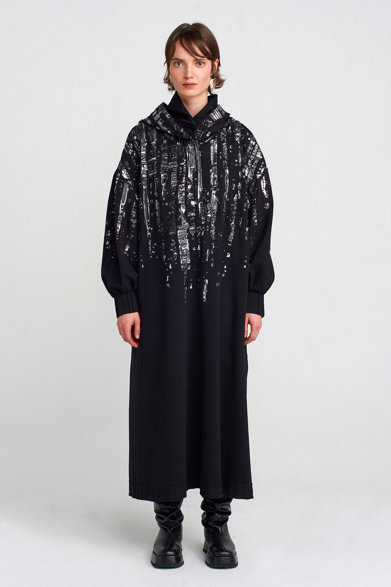 Nu Puffy Silver Printed Long Dress Black