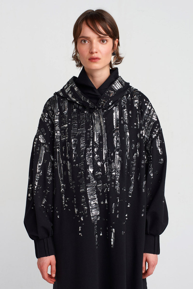 Nu Puffy Silver Printed Long Dress Black