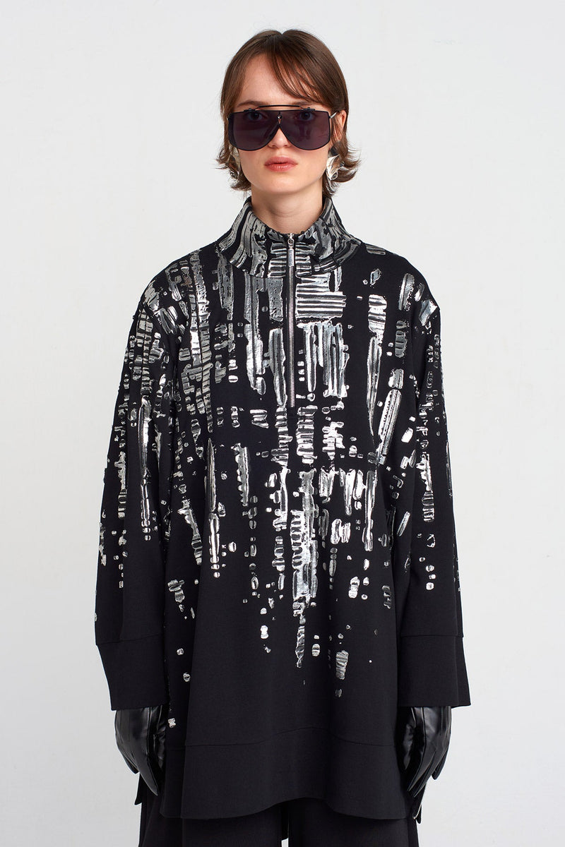 Nu Puffy Silver Printed Short Dress Black