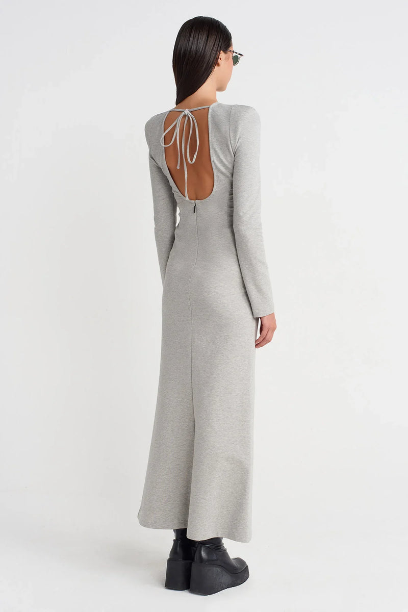 Nu Long Fitted Dress With Shoulder Pads And Back Cut-Out Light Grey Melange