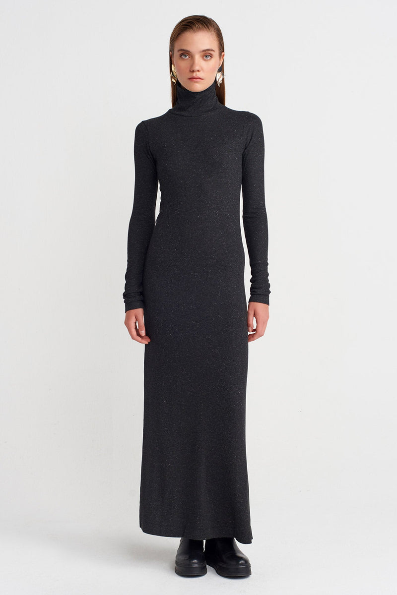 NU Silver Ribbed Long Dress  Antracite Melange