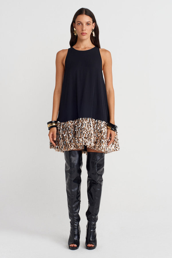 Nu Sequined Hem Halter Neck Mini Dress Black