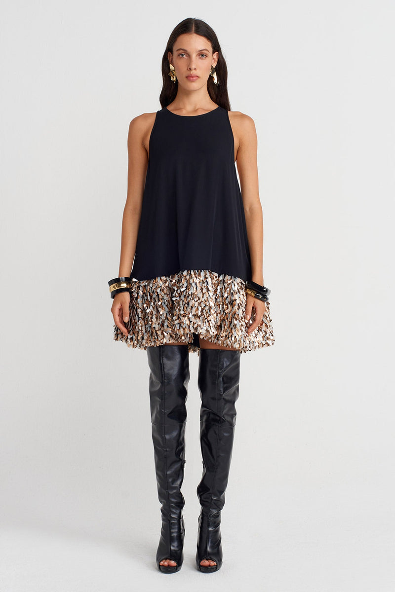 Nu Sequined Hem Halter Neck Mini Dress Black