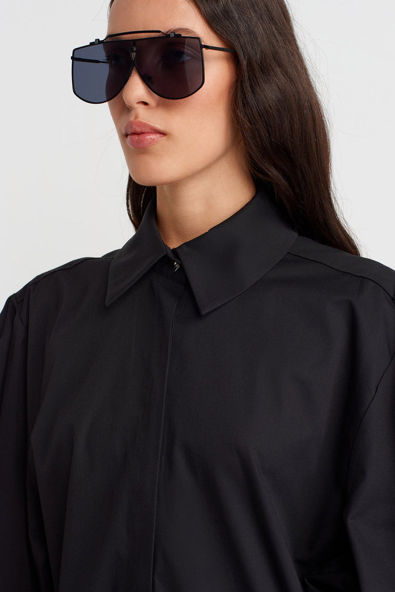 Nu Asymmetric Flared Hem Shirt Dress Black