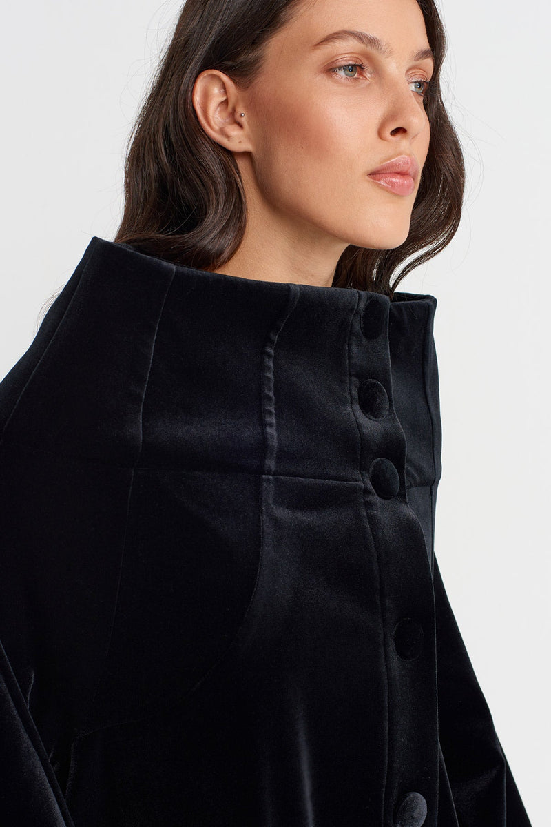 Nu Velvet Flared Dress With Wide Stand Collar Black