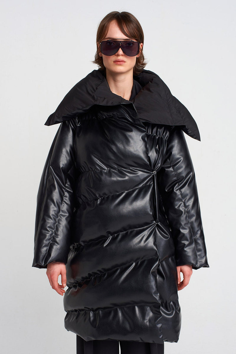 Nu Vegan Leather Puffer Coat Black