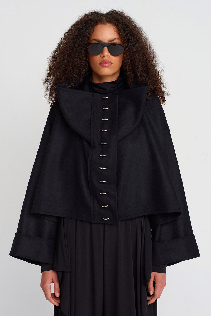 Nu Oversized Dropped Collar Metal Snap Button Jacket Black