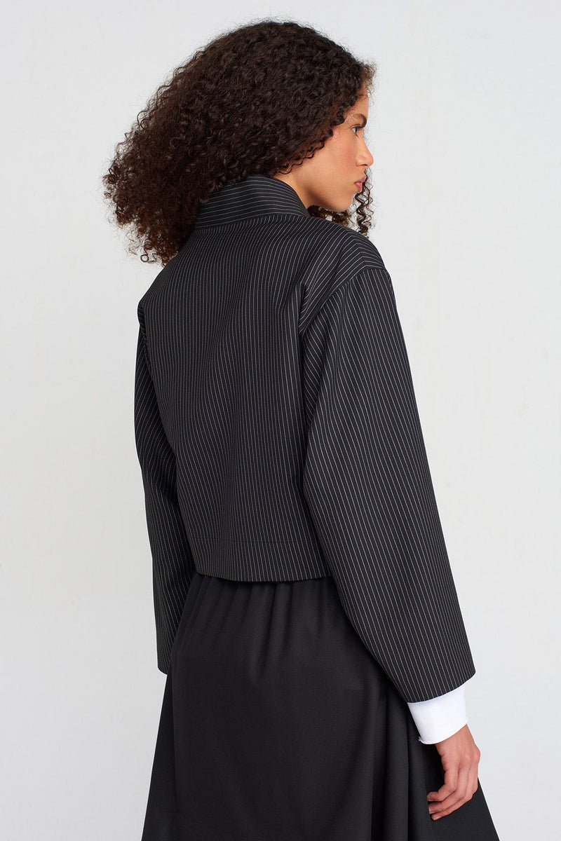 Nu Striped Double Breasted Closure Short Jacket Black