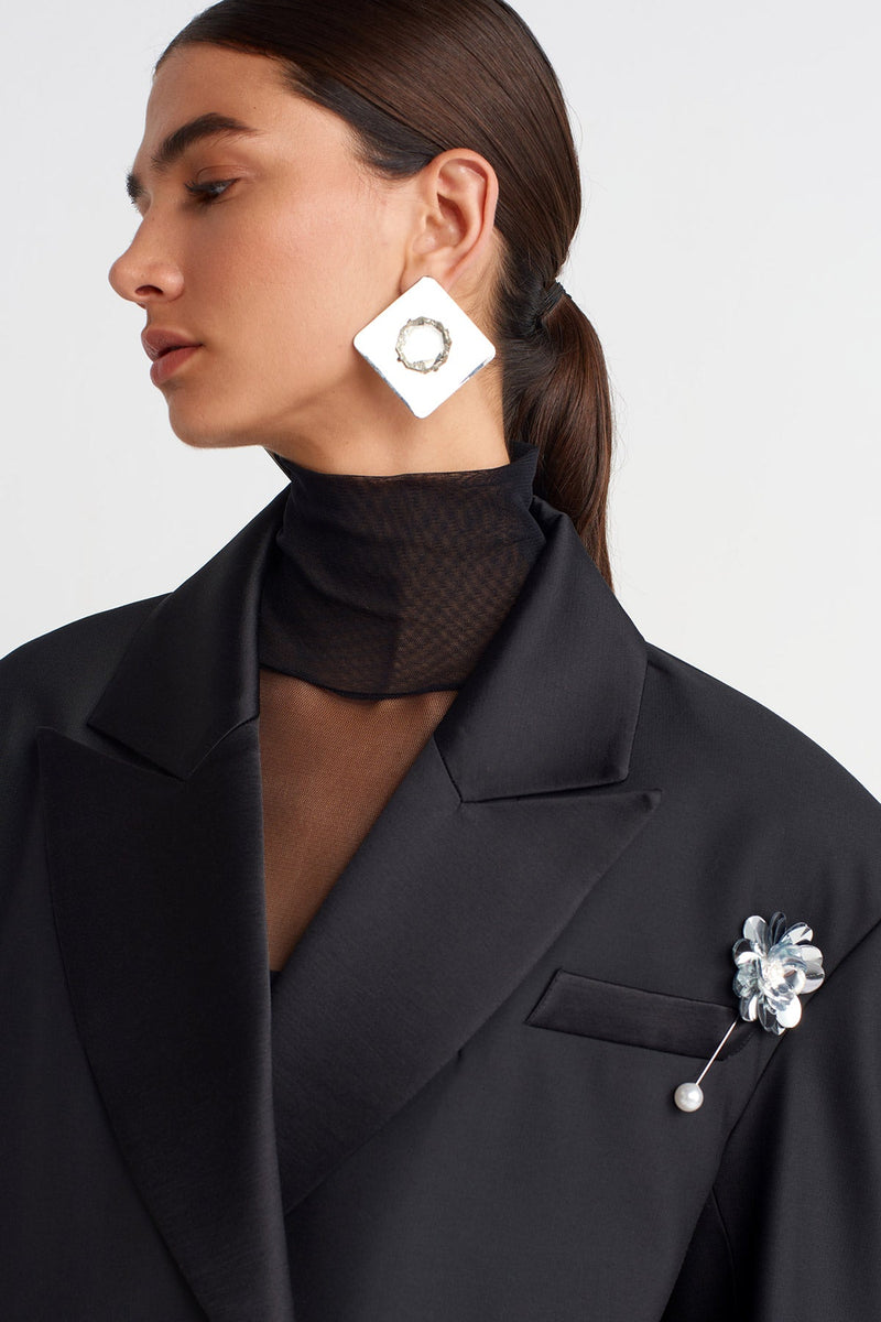NU Cropped Blazer Jacket With Brooch Detail  Black