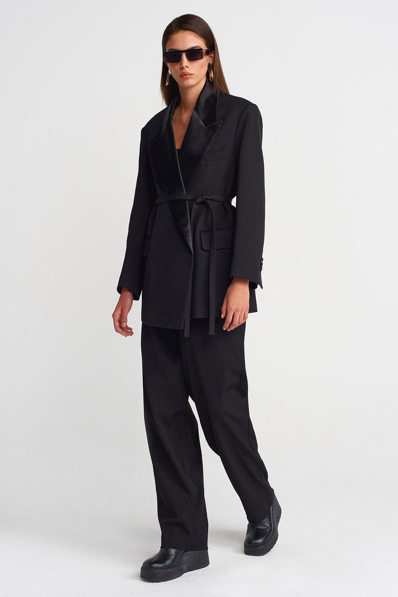 Nu Satin Lapel Belted Blazer Black