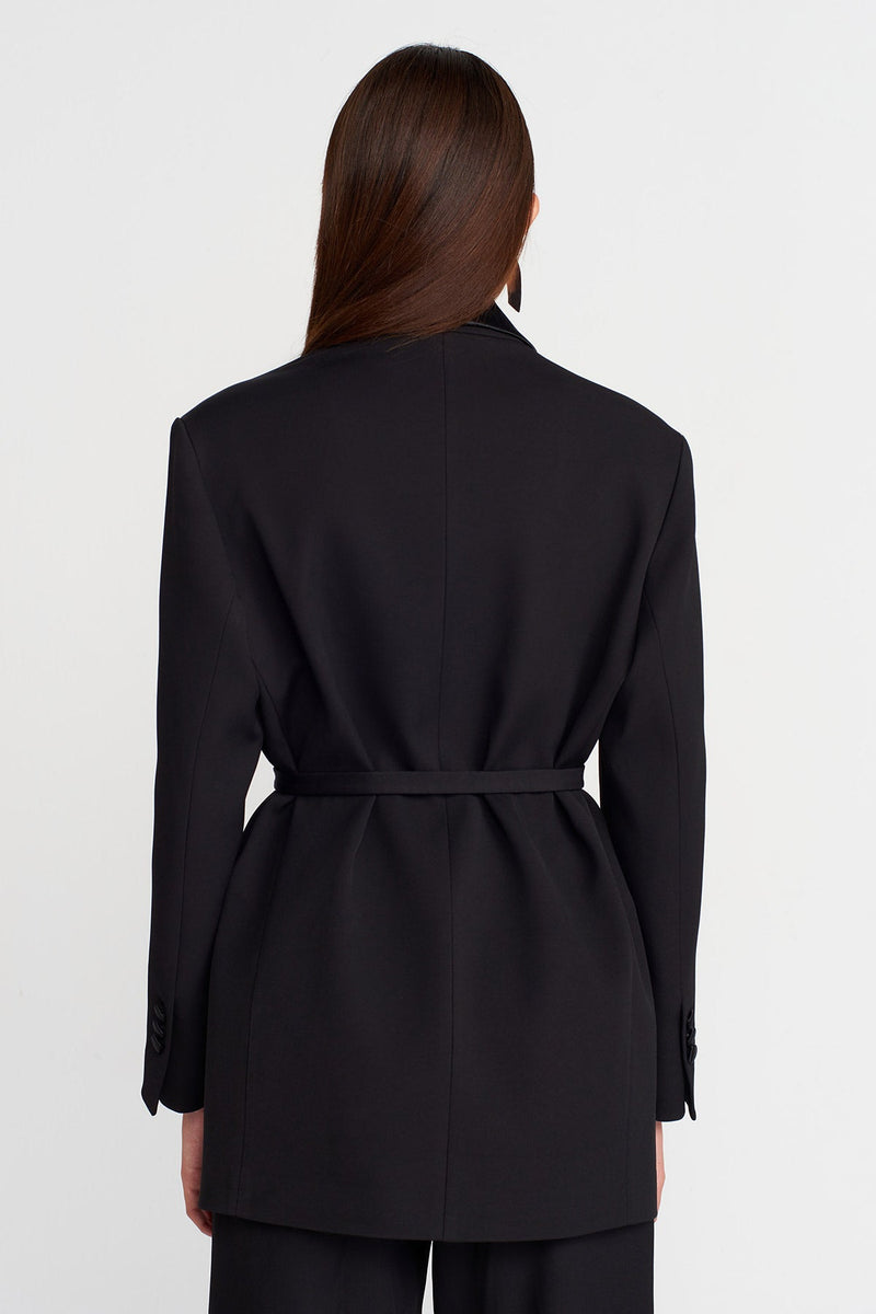 Nu Satin Lapel Belted Blazer Black
