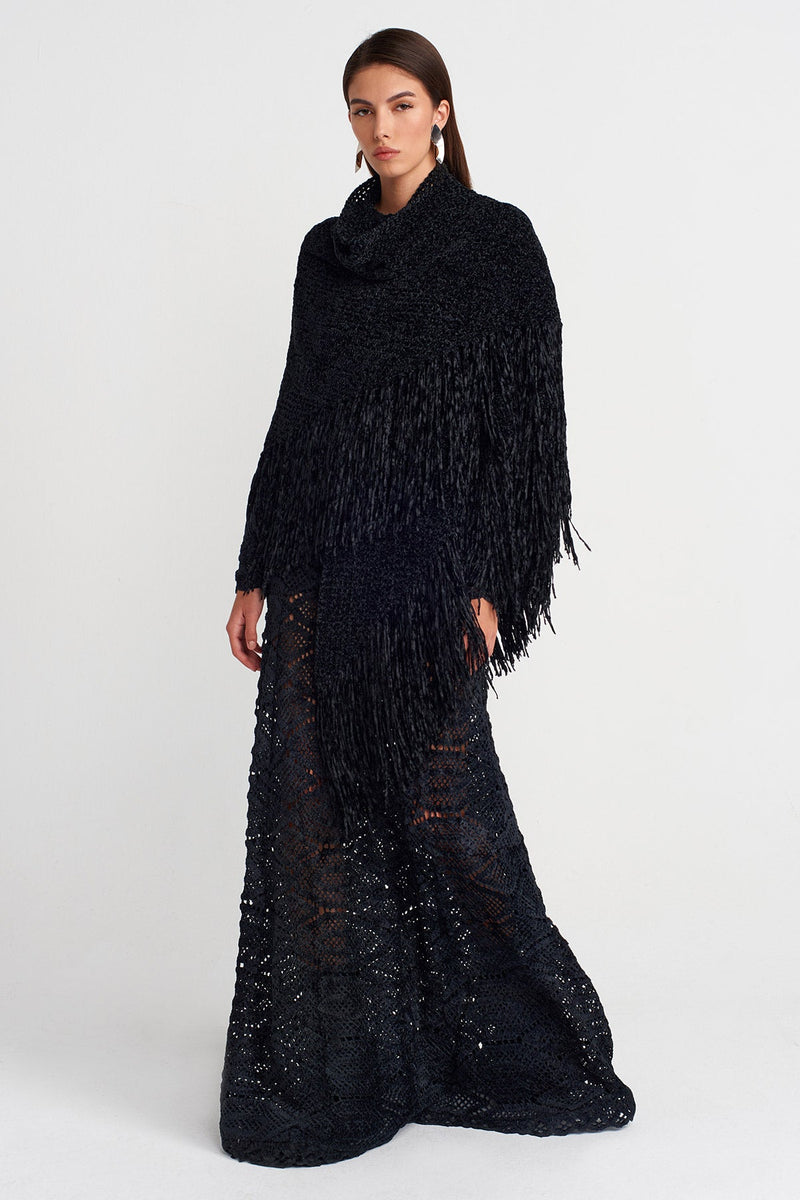 Nu Fringe Detailed Knitted Shawl Black