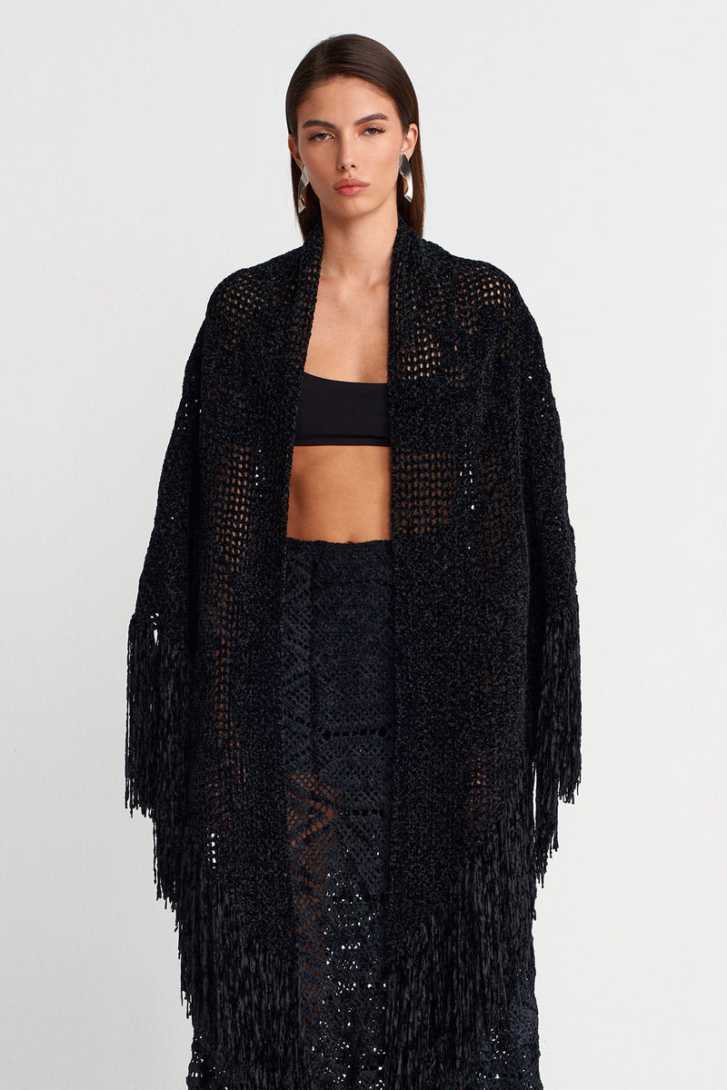 Nu Fringe Detailed Knitted Shawl Black