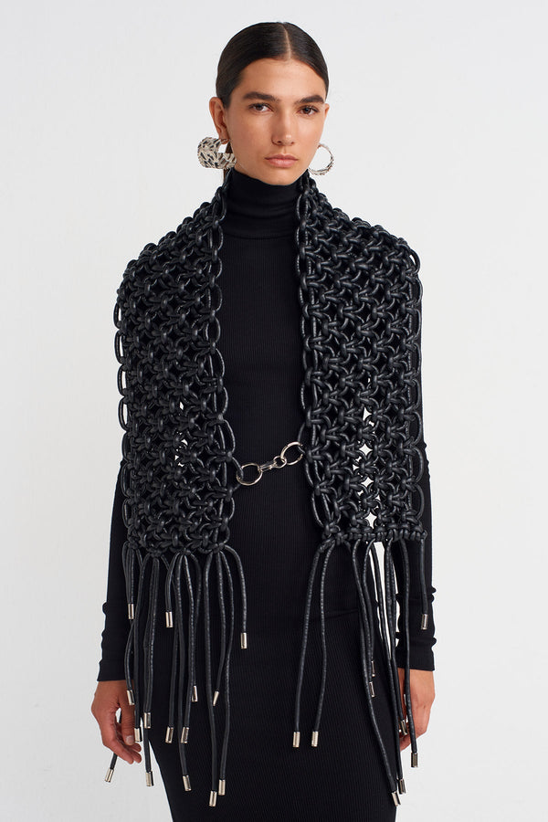 Nu Macramé Shoulder Piece With Metal-Tipped Fringes Black