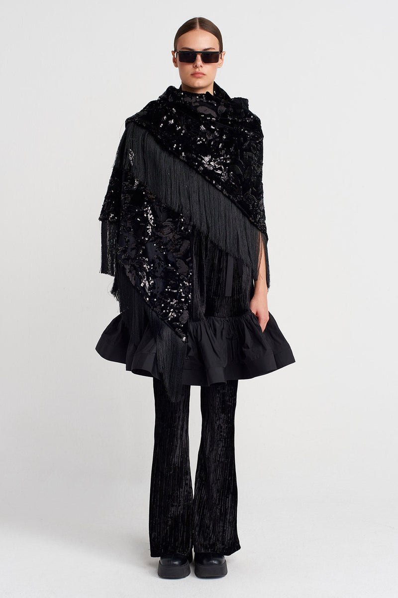 Nu Sequin Embroidered Shawl With Fringe Black
