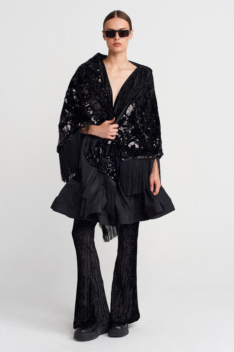 Nu Sequin Embroidered Shawl With Fringe Black