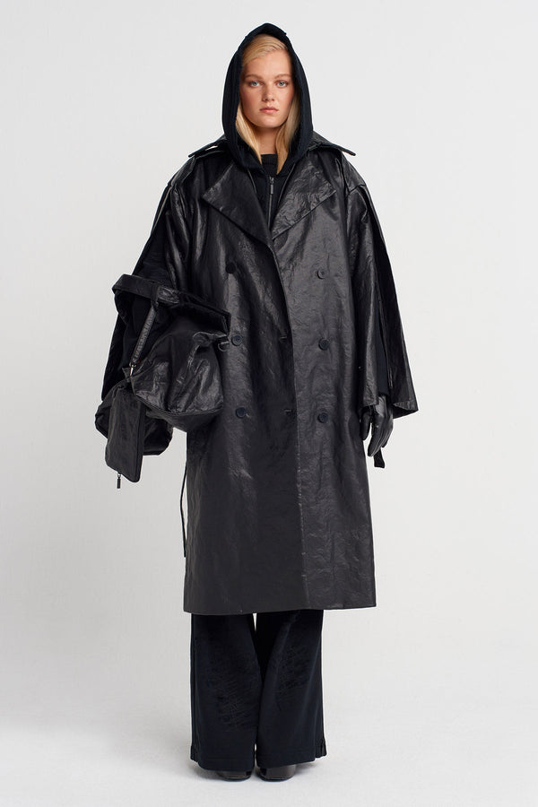 Nu Oversized Leather Trench Coat Black