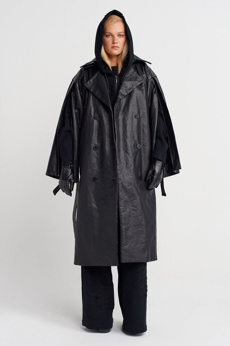 Nu Oversized Leather Trench Coat Black