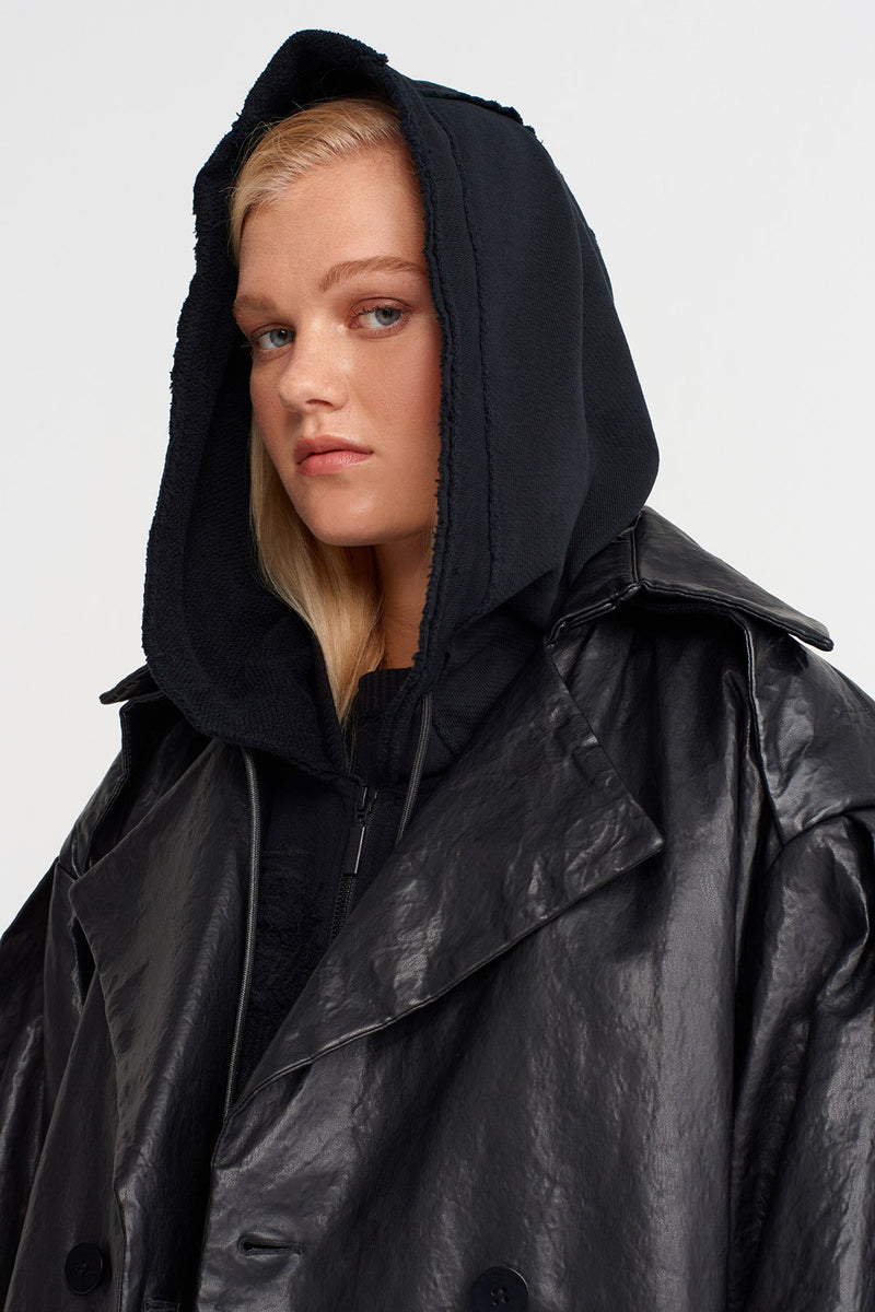Nu Oversized Leather Trench Coat Black