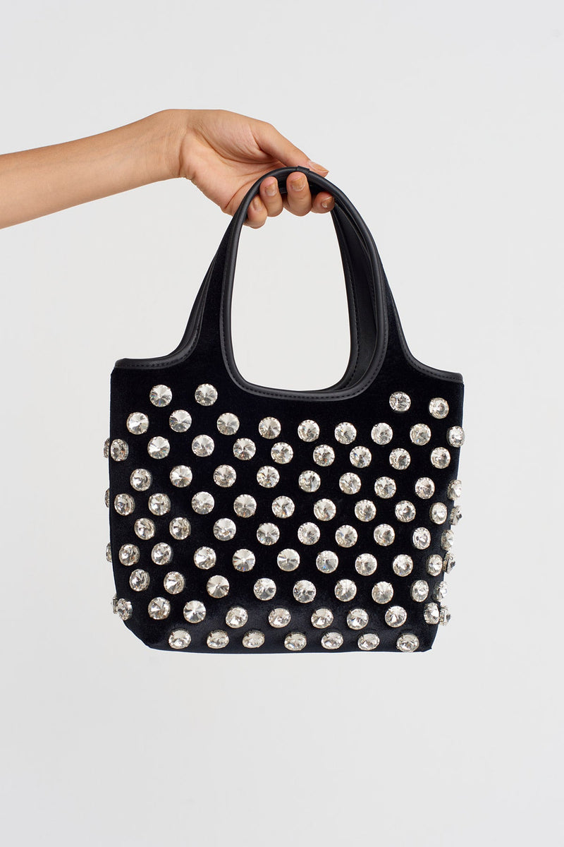 Nu Velvet Handbag With Stone Embroidery Black