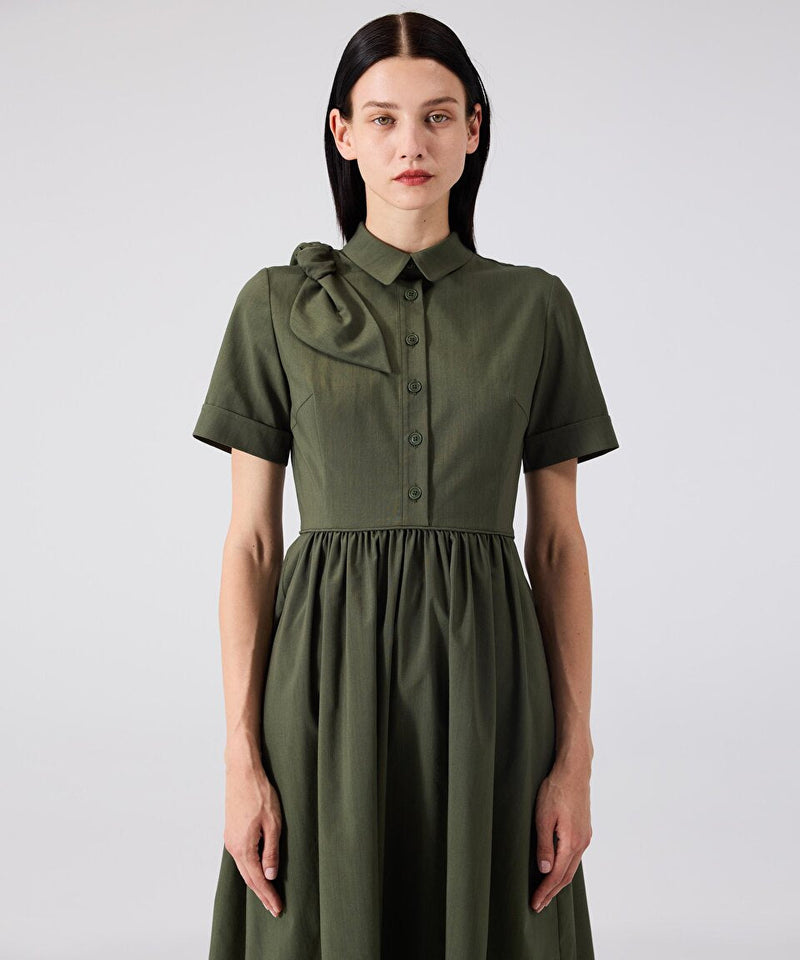 Machka Wool Blend Bow Dress Olive Green