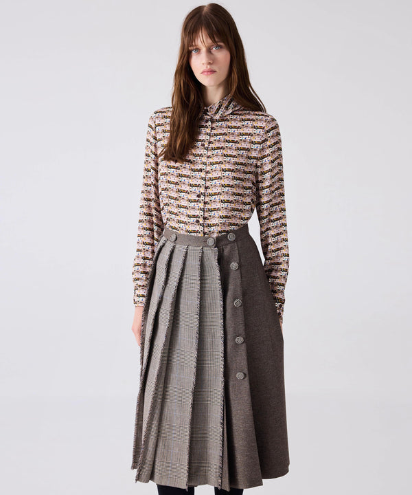 Machka Plaid Pattern Mix Midi Skirt Stone