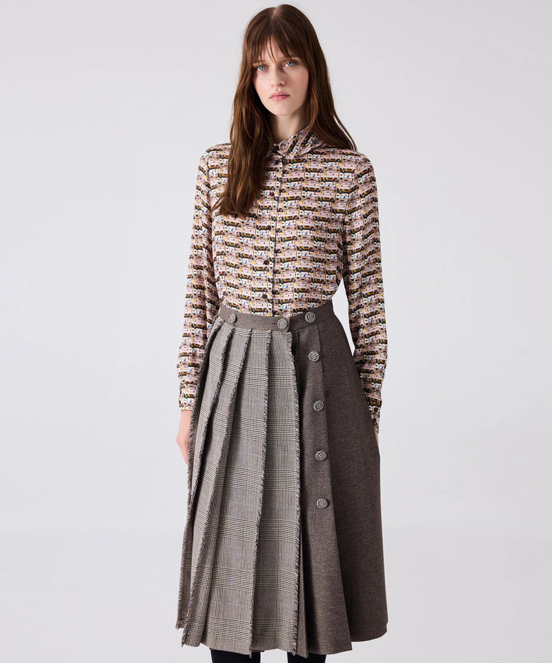 Machka Plaid Pattern Mix Midi Skirt Stone