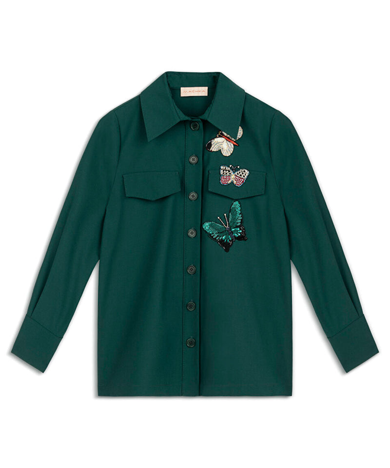 Machka Butterfly Embroidered Shirt Jacket Dark Green