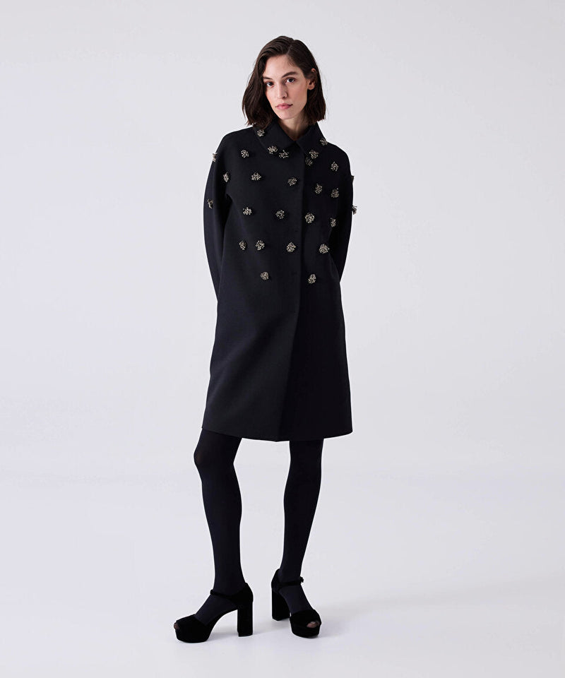 Machka Embroidered Detailed Textured Coat Black