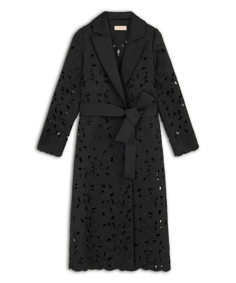 Machka Floral Embroidery Belted Coat Black