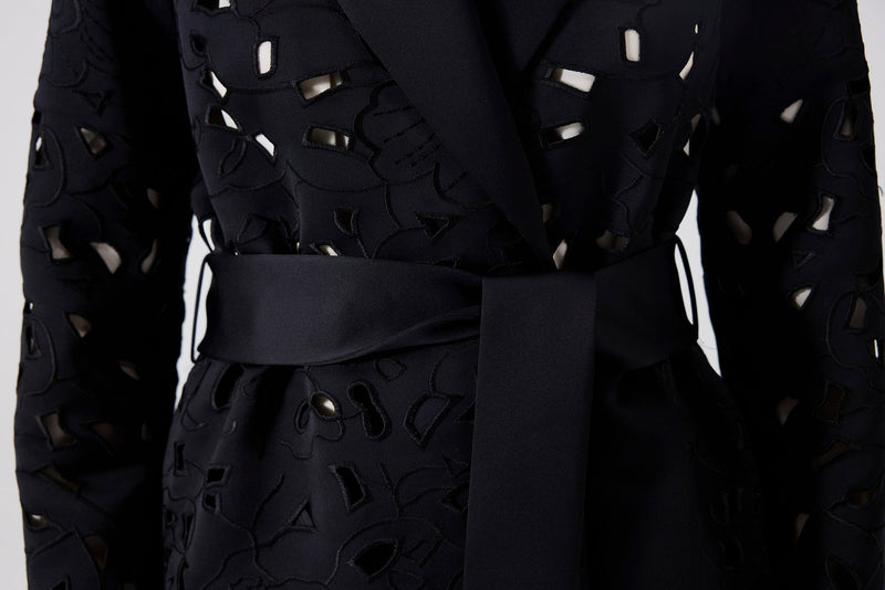 Machka Floral Embroidery Belted Coat Black