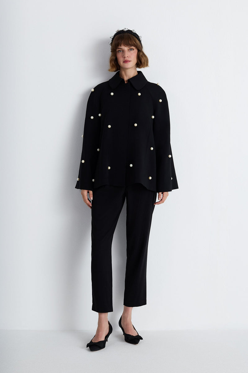 Nean Pearl-Embellished Flared Sleeve Jacket
 Black