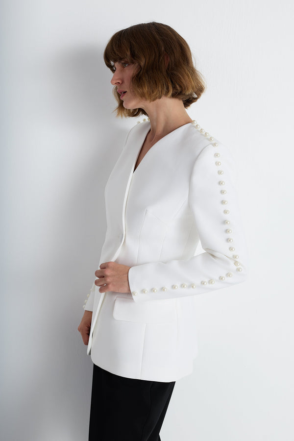 Nean Pearl-Trim Asymmetric Blazer White