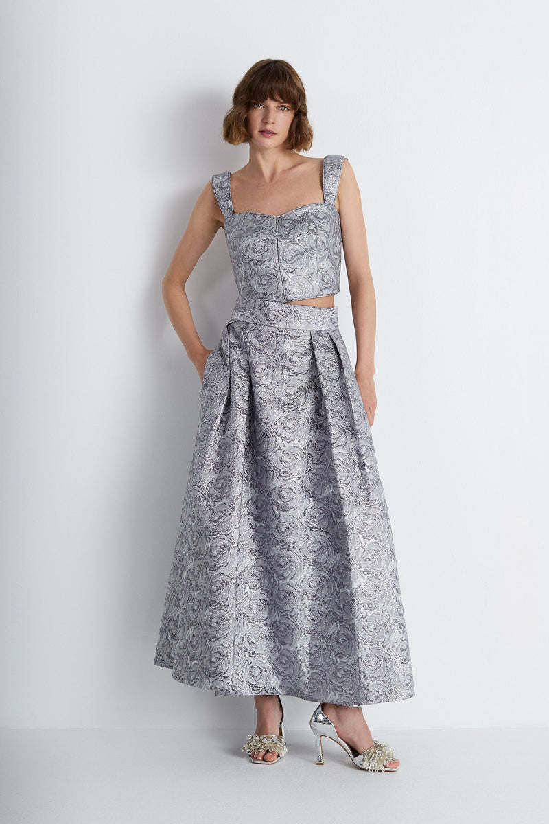Nean Silver Brocade A-Line Midi Skirt Dark Silver