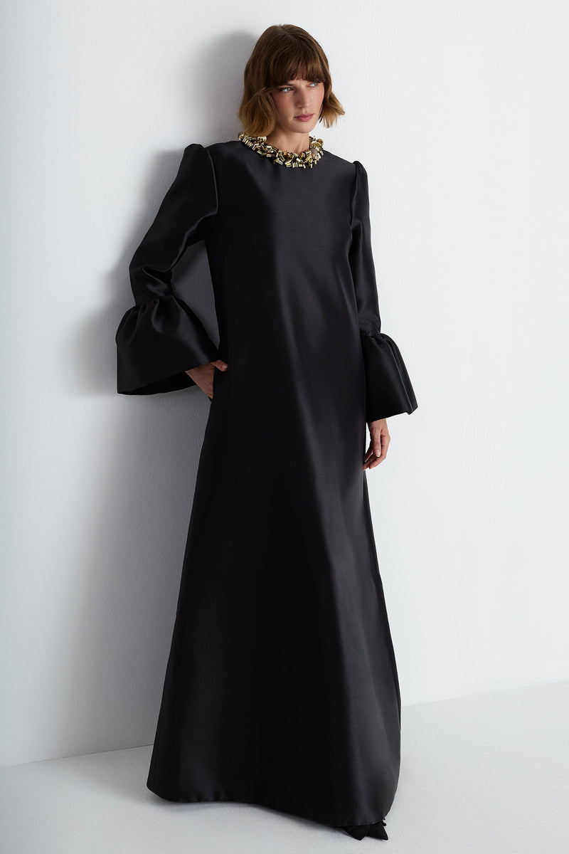 Nean Embellished Collar Satin Gown Black