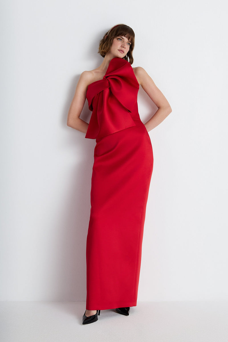 Nean One-Shoulder Bow Maxi Dress Red