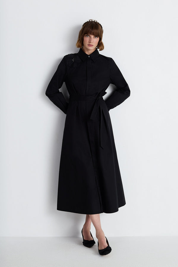 Nean Embellishment Belted Shirt Dress Black