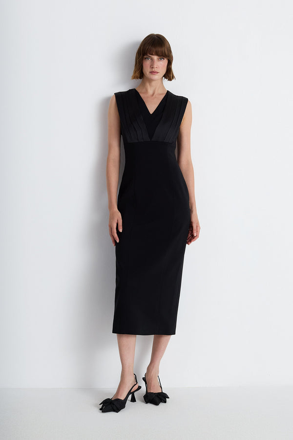 Nean Pleated Satin Panel Midi Dress Black